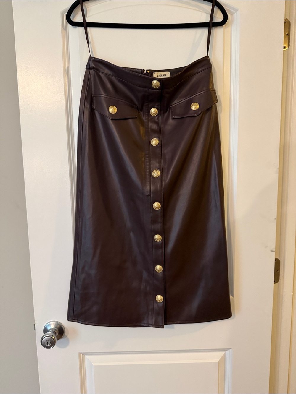 L'AGENCE Chocolate Brown Faux Leather Midi Skirt with Gold Buttons